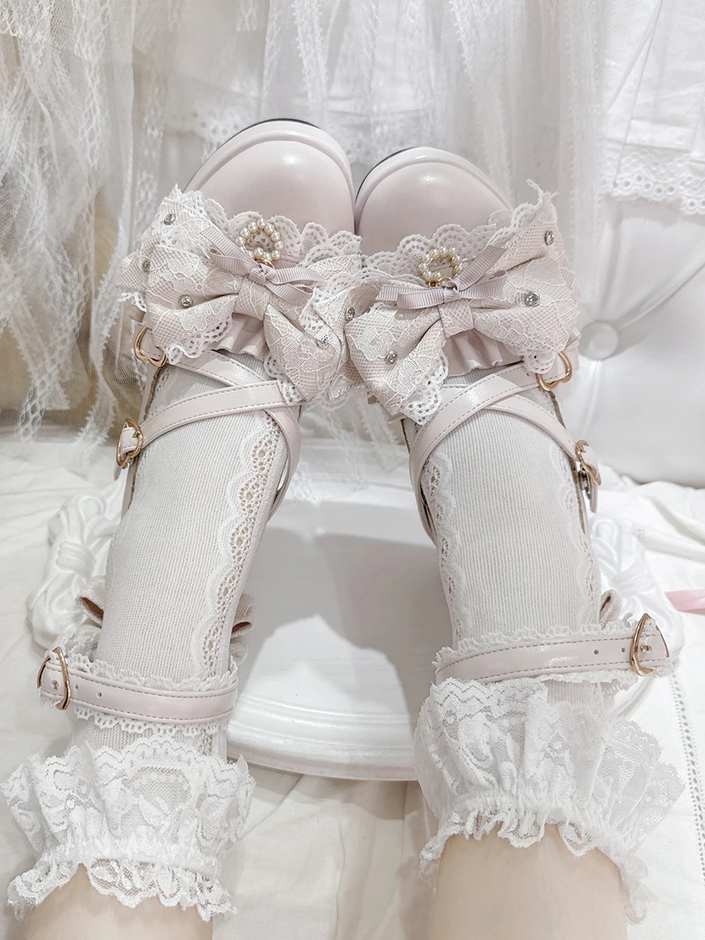 Original Mine Mass-produced Pink High Heels Autumn New Japanese Cute Lace Bow Mary Jane Shoes Girl Woman Lolita Platform Heels