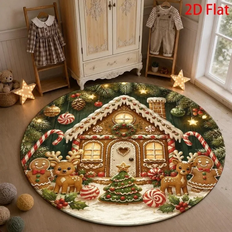 3D Illusion Christmas Village Round Rug Pink Snowman Circular Carpet Living Room Creative Santa Claus Balcony Holiday Area Rugs