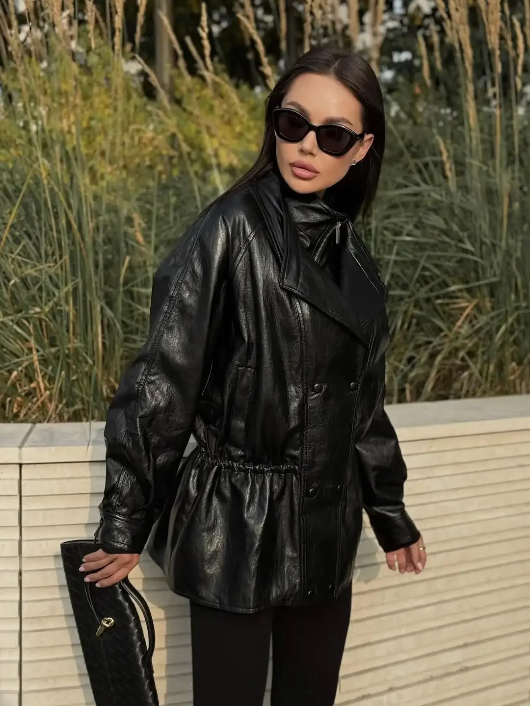 Women Vintage Black Midi Leather Jacket Fashion Stand Collar Double Breasted Zipper Loose Jackets 2026 Lady Daily Street Coat