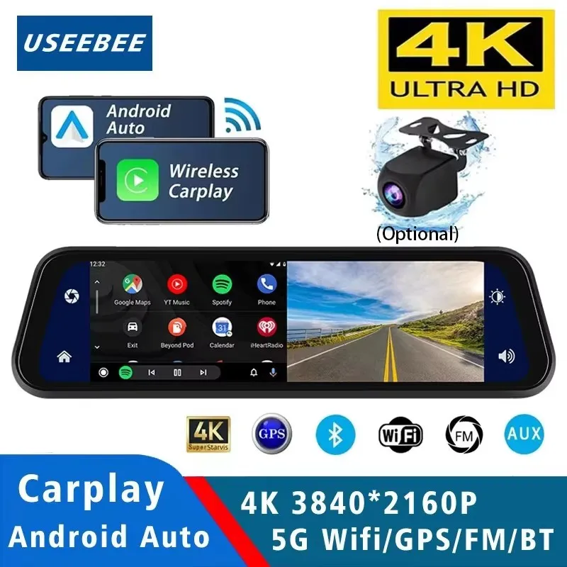 

10” 4K 2160P Dash Cam Carplay Android-Auto Car DVR Dual Len 5G Wifi GPS BT FM Video Drive Recorder Stream Mirror Dashcam Camera