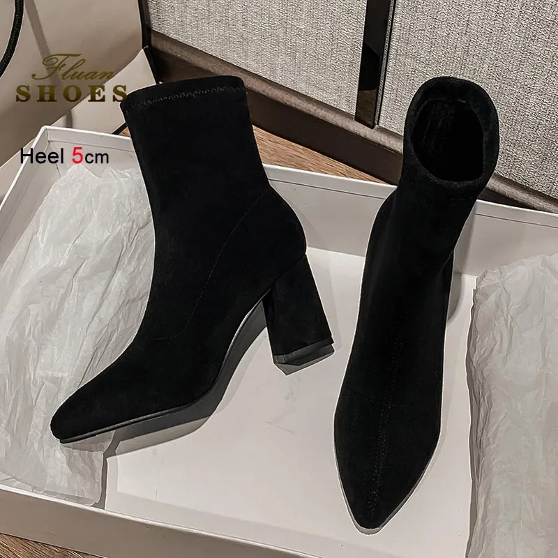 

New Pointy Toe Boots Women Black Short Boots 7CM 5CM Lady Shoes Casual Ankle Boots Autumn Winter Fashion Warm Coarse Heel Pumps