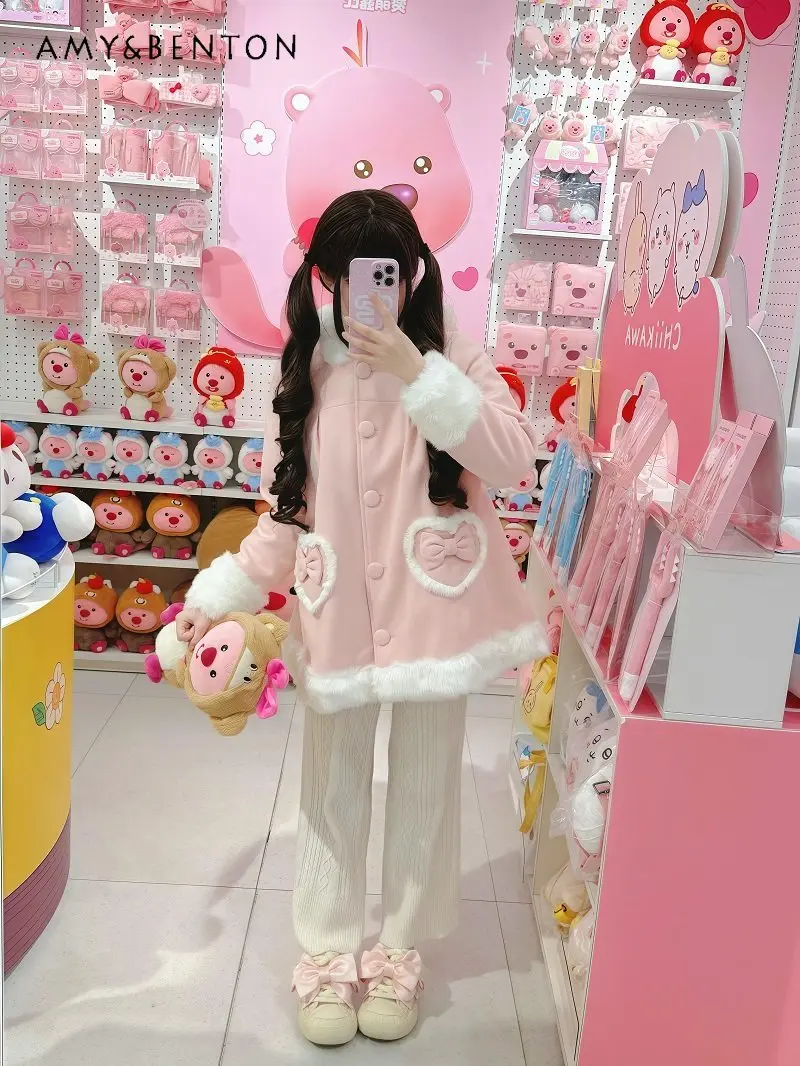 

2025 Autumn Winter New Commuting Style Sweet Cute Soft Girl Pink Mid-Length Loose Casual Rabbit Ear Bow Hooded Wool Jacket