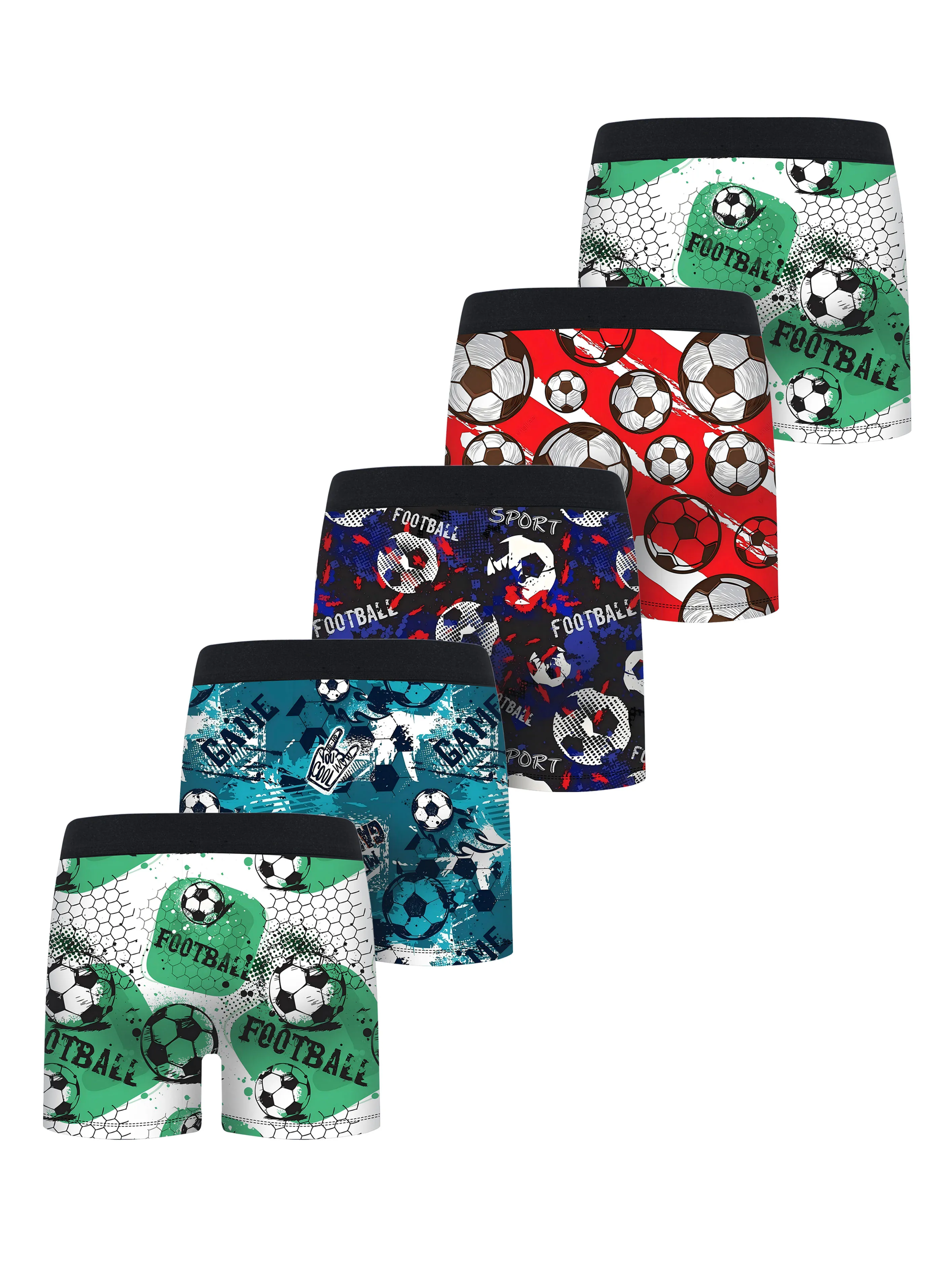 5Pcs Boys Football Print Boxer Briefs Soft Breathable 95% Polyester 5% Elastane Sport Kids Underwear Comfortable Boys Underpants