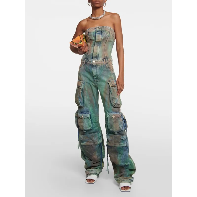 2024 New, Millennial Cowboy Rompers Strapless Sleeveless High Waists, Camo Patchwork Pocket Color Contrast, Female Rompers