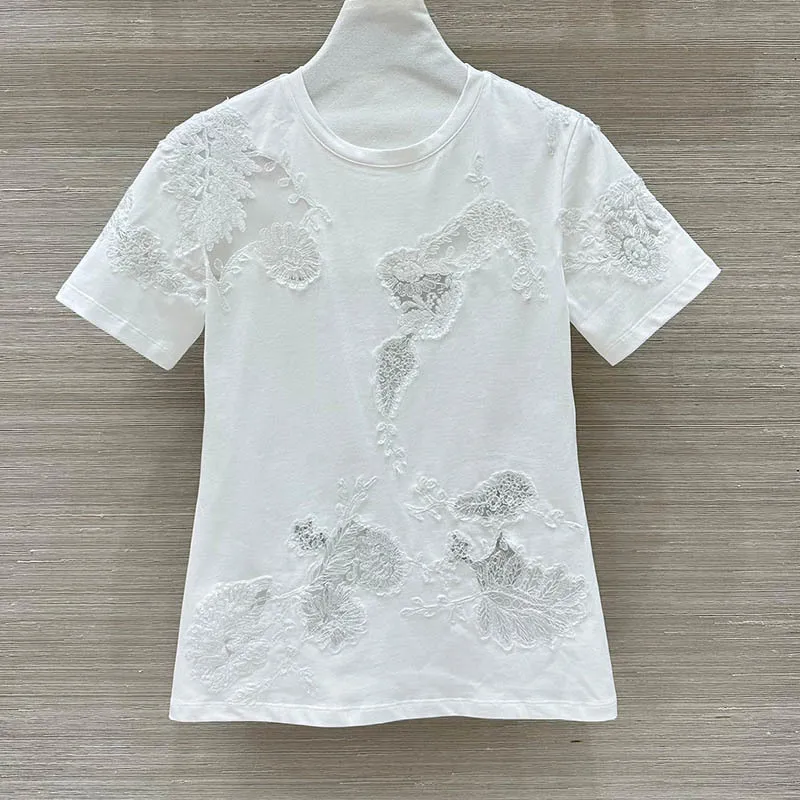 2 Color Women's Cotton Lace Embroidery T-Shirts Classic Short Sleeve Round Neck Hollow Flowers Top Designer High Quality Clothes