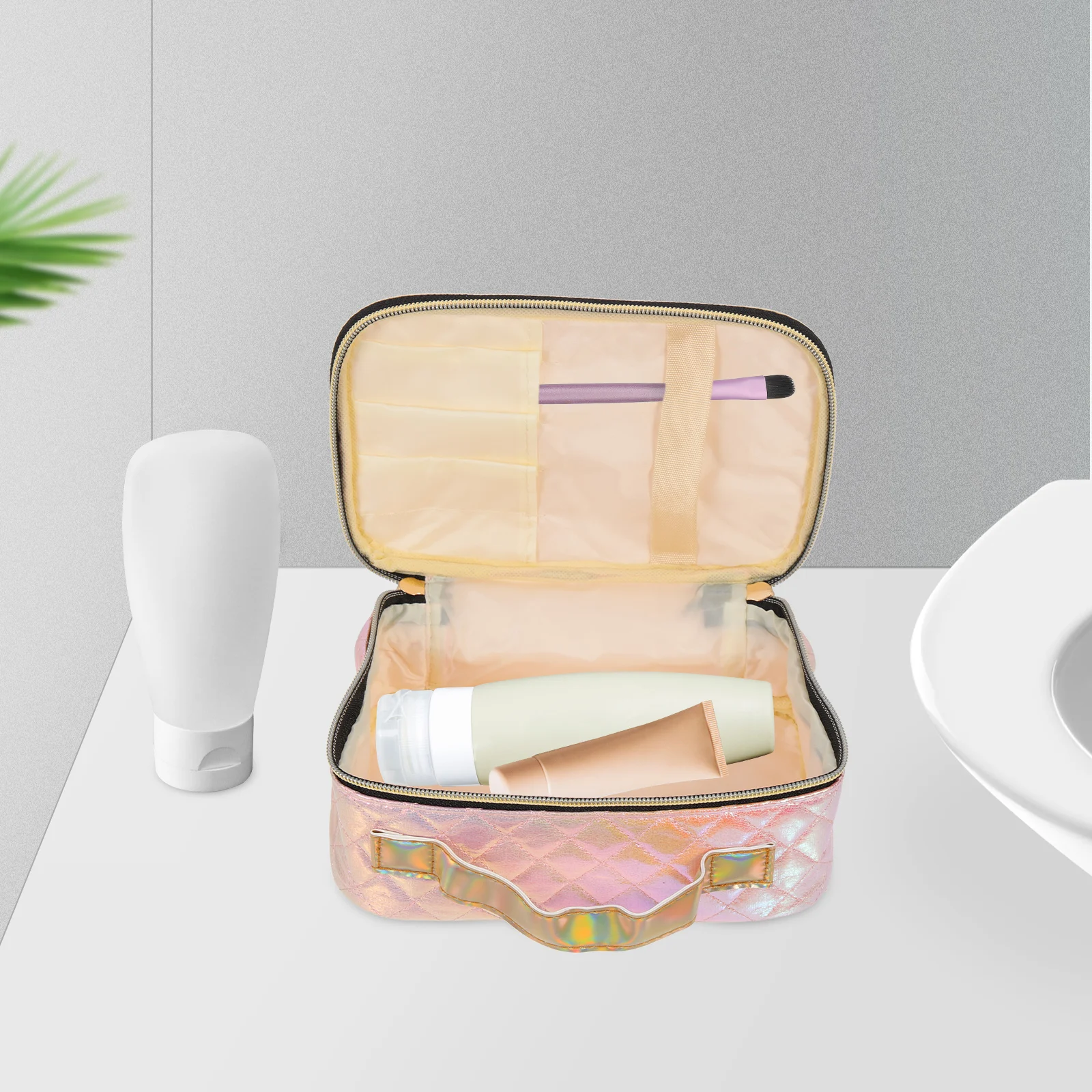 

Waterproof Organizer Large Capacity PU Handle Alloy Material Travel Double Zipper Storage Case Toiletry Bag Durable