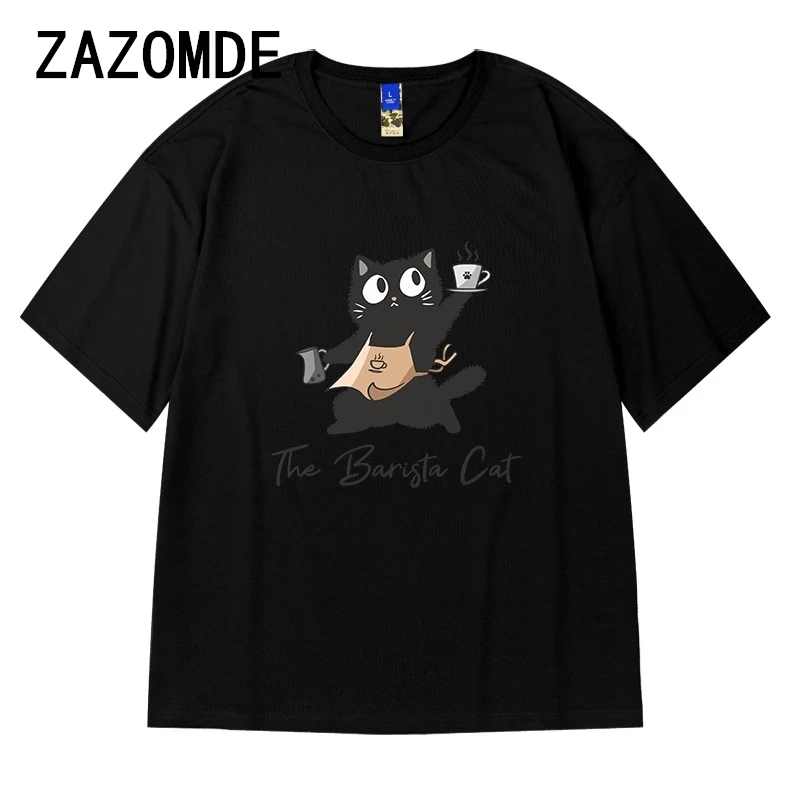 ZAZOMDE 2024 Harajuku T-Shirt Neutral Funny Coffee Server Cat Printed T Shirt Man Cotton Casual Short Sleeve Tshirt Tops