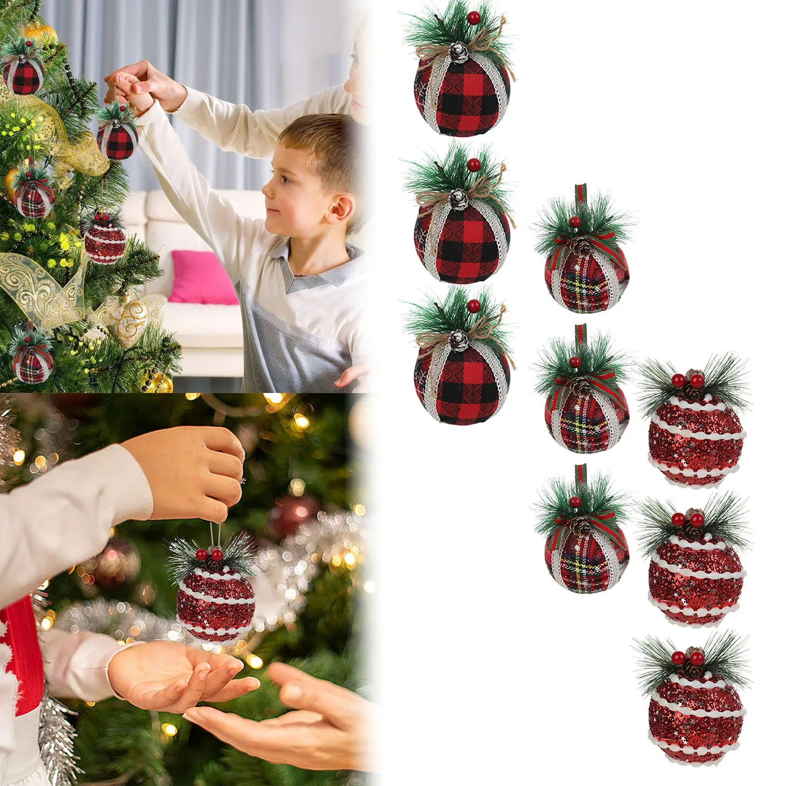 

4pcs 6cm Rustic Christmas Ball Red Plaid Knit Ball with Pine Cones and Berries for Christmas Tree Hanging Xmas Ornaments Navidad