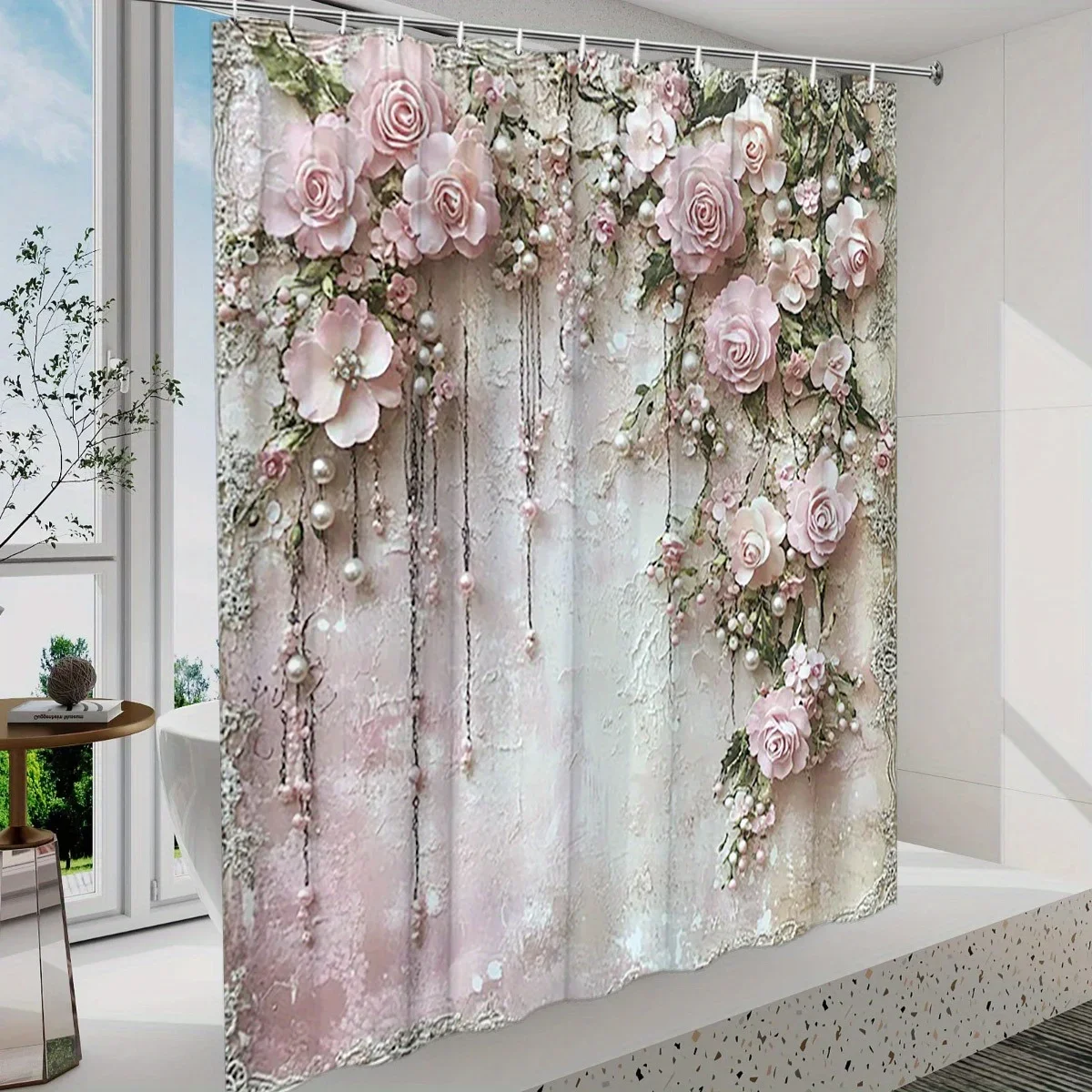 YX1pc Vintage Pink Rose Shower Curtain - Delicate Beads & Green Leaves, Textured Beige Polyester, Washable, Elegant Bath Decor