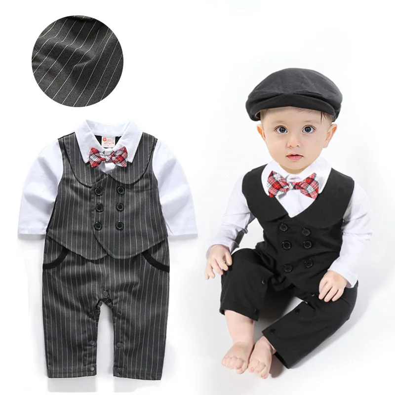 Baby Boy Romper Suit with Hat/Long Sleeves False Two Pieces Black and Gray Baby Boy's Jumpsuits with Cap 3277