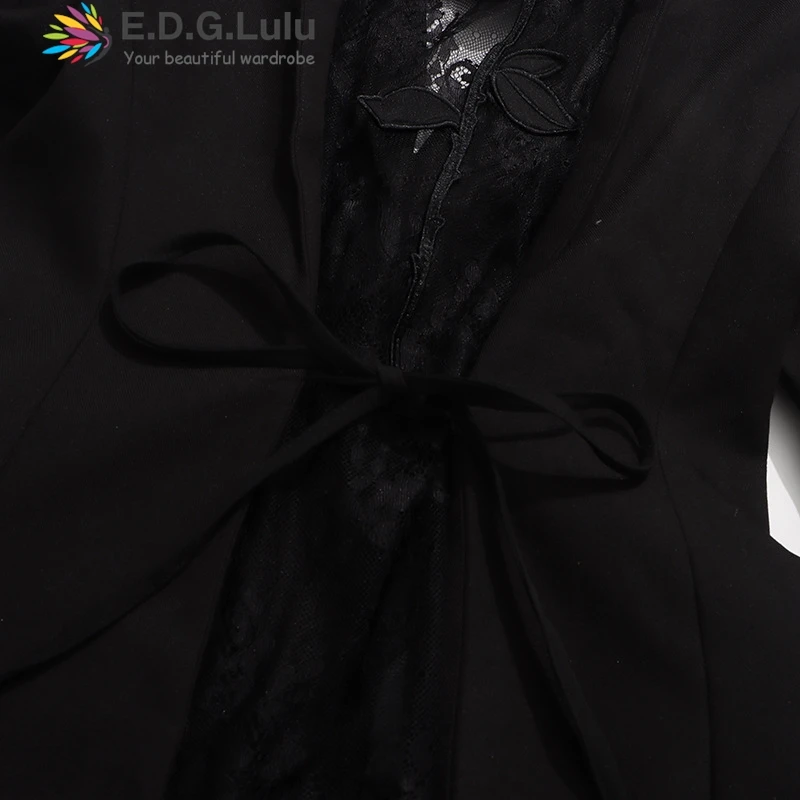EDGLuLu 2025 جديد مثير عارية الذراعين جوفاء الدانتيل الربط بدلة سوداء سترة بدوره إلى أسفل طوق بأكمام طويلة مكتب سيدة السترة 1028