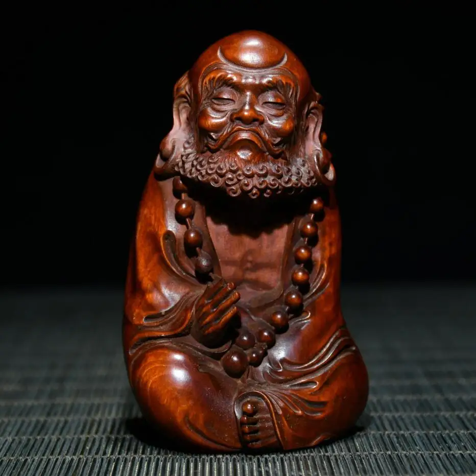 Archaize Seiko Hand-carved Boxwood Zen Founder Bodhidharma Patriarch Desktop Decoration Small Crafts Statue