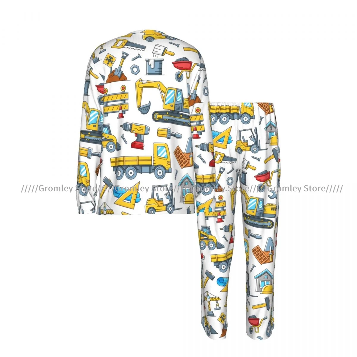Men's Pajama Set Long Sleeve and Long Pants Construction Machinery Pattern Soft Sleepwear for Home