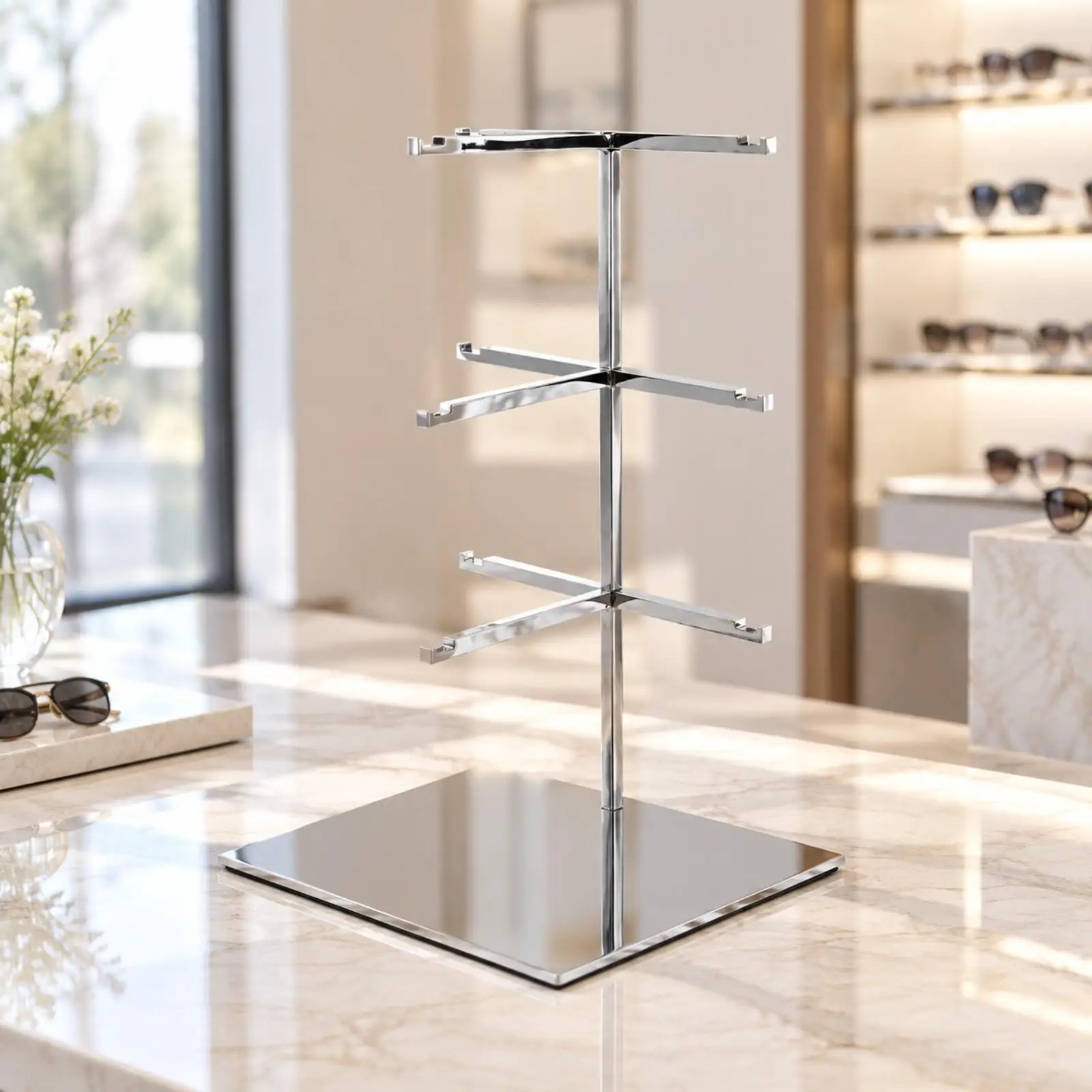 Stainless Steel Three Tier Eyewear Stand for Glasses Display Rack with Stable Base Shop Counter Fixture