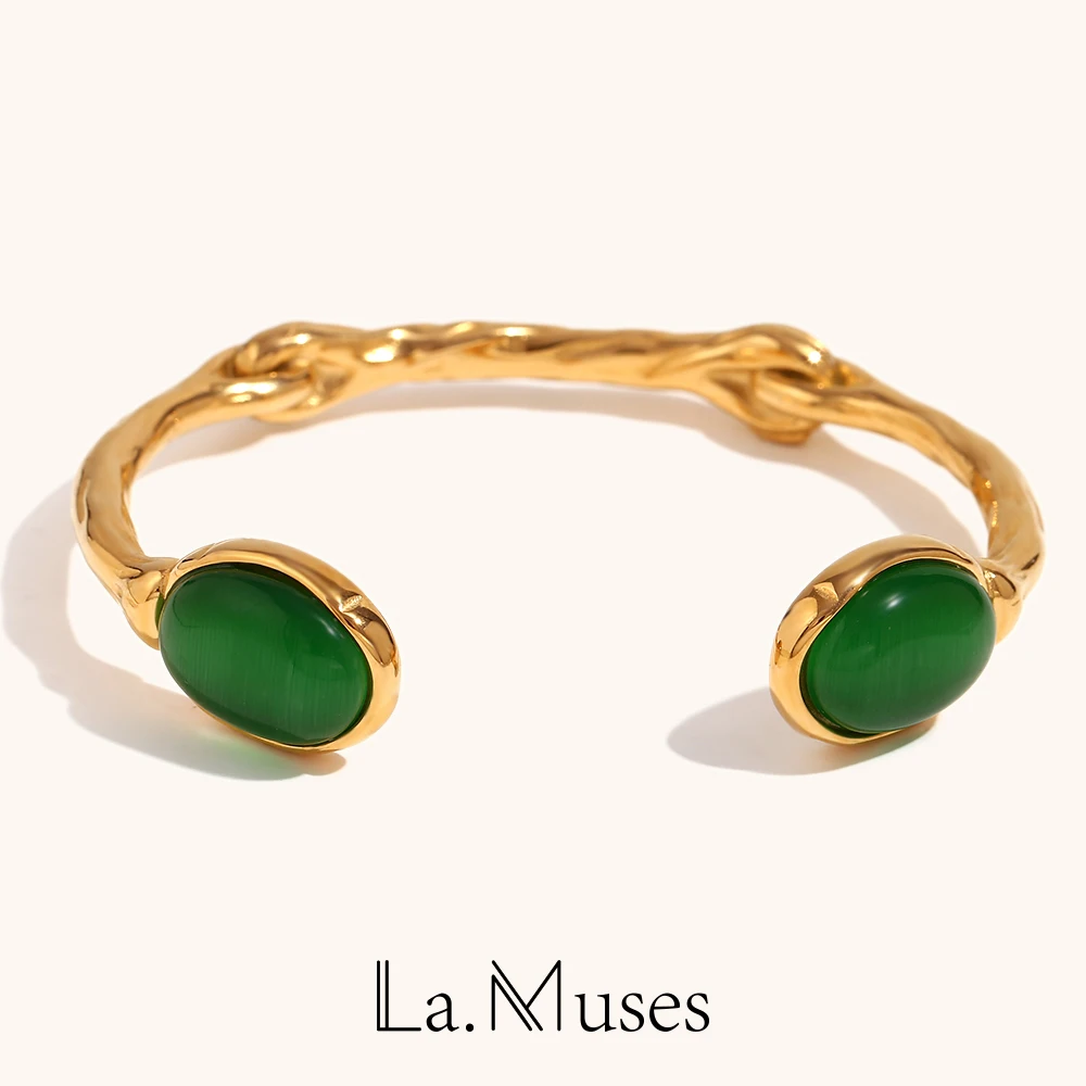 La. Muses Bilateral Oval Green Agate Pink Crystal White Jade Stainless Steel Cuff Bracelet For Women 18K Gold Plated Jewelry