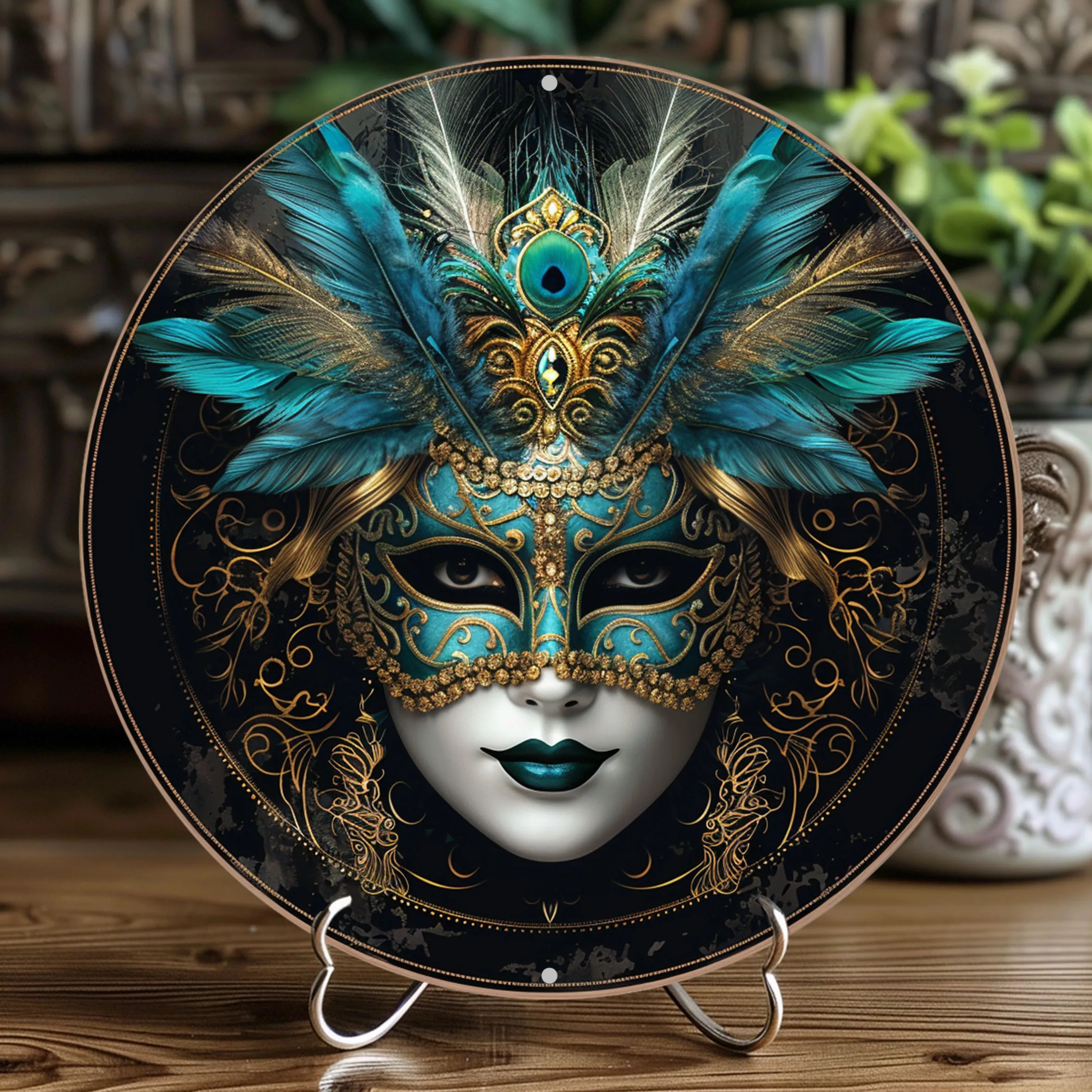 1 Stück, 2D-Flachdruck, rundes Aluminiumschild, Wandkunst, Vintage-Metallschild, Mardi Gras-Maske-Thema, für Bar, Küche, Kaffee, Zuhause, Zimmer, l