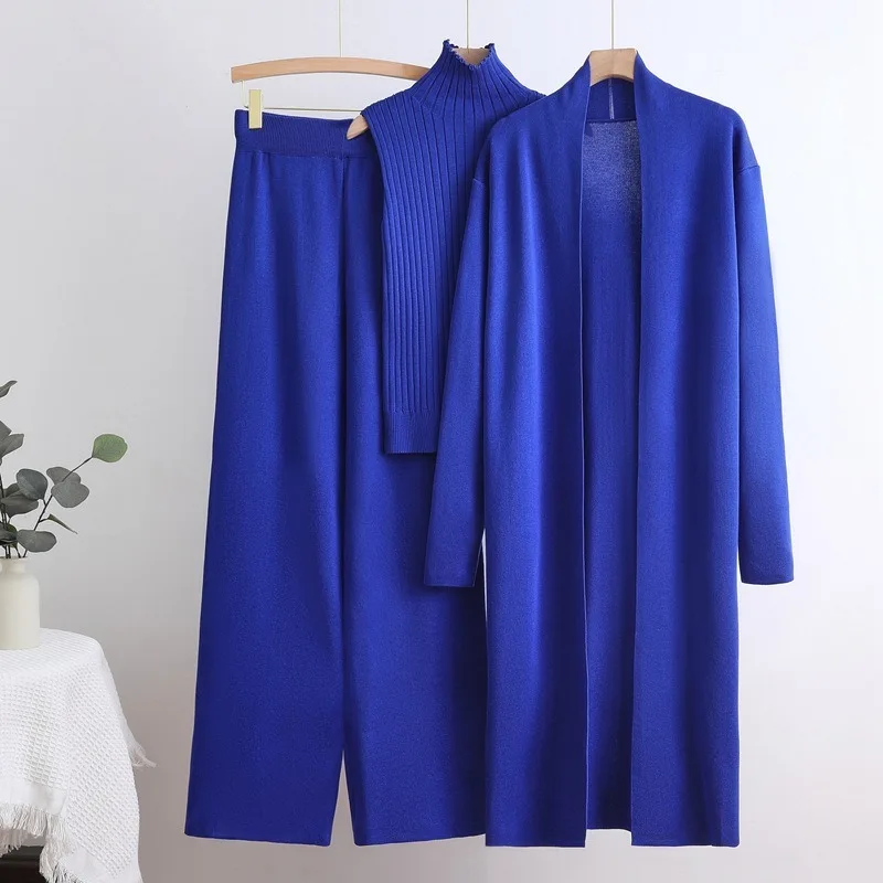 European and American  Casual Suit Women's Shawl Jacket + Round-neck Bottom Knitted Sweater + Wide-leg Trousers Three-piece Set