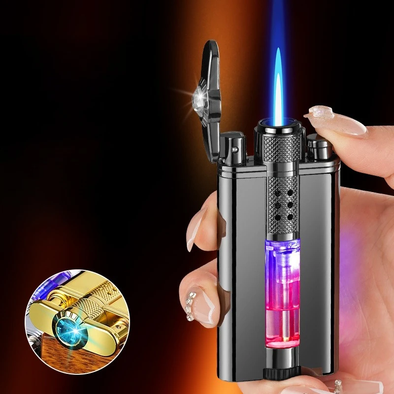 

New Diamond Studded Straight Forward Windproof Blue Flame Inflatable Lighter with Visible Gas LED Light As A Gift for Boys