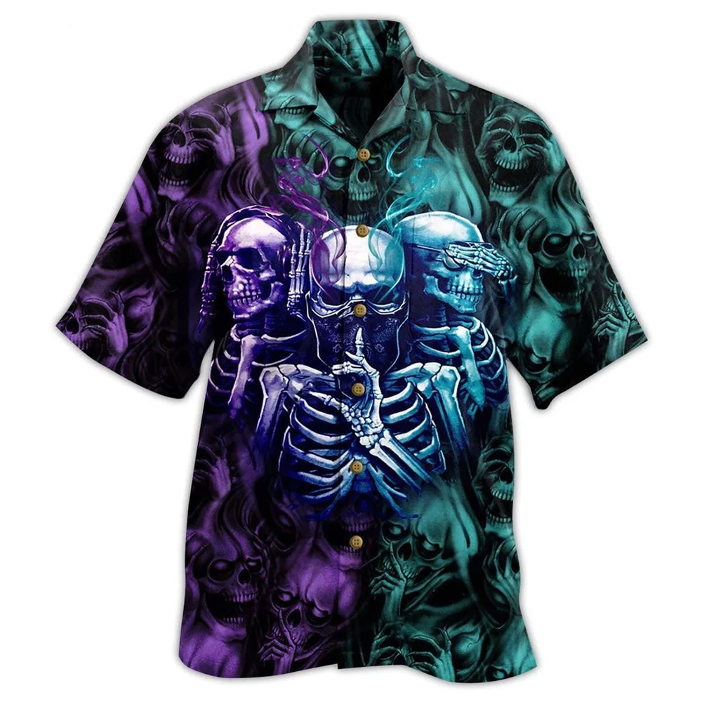 Skull Terror Summer Beach Shirt For Men's Casual Hd 3d Printing Short Sleeve Hawaiian Imported Clothing Graphics Streetwear