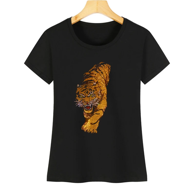 Sparkling diamond, mighty tiger lady's summer short-sleeved T-shirts sell leisure round-collar cotton T-shirts.