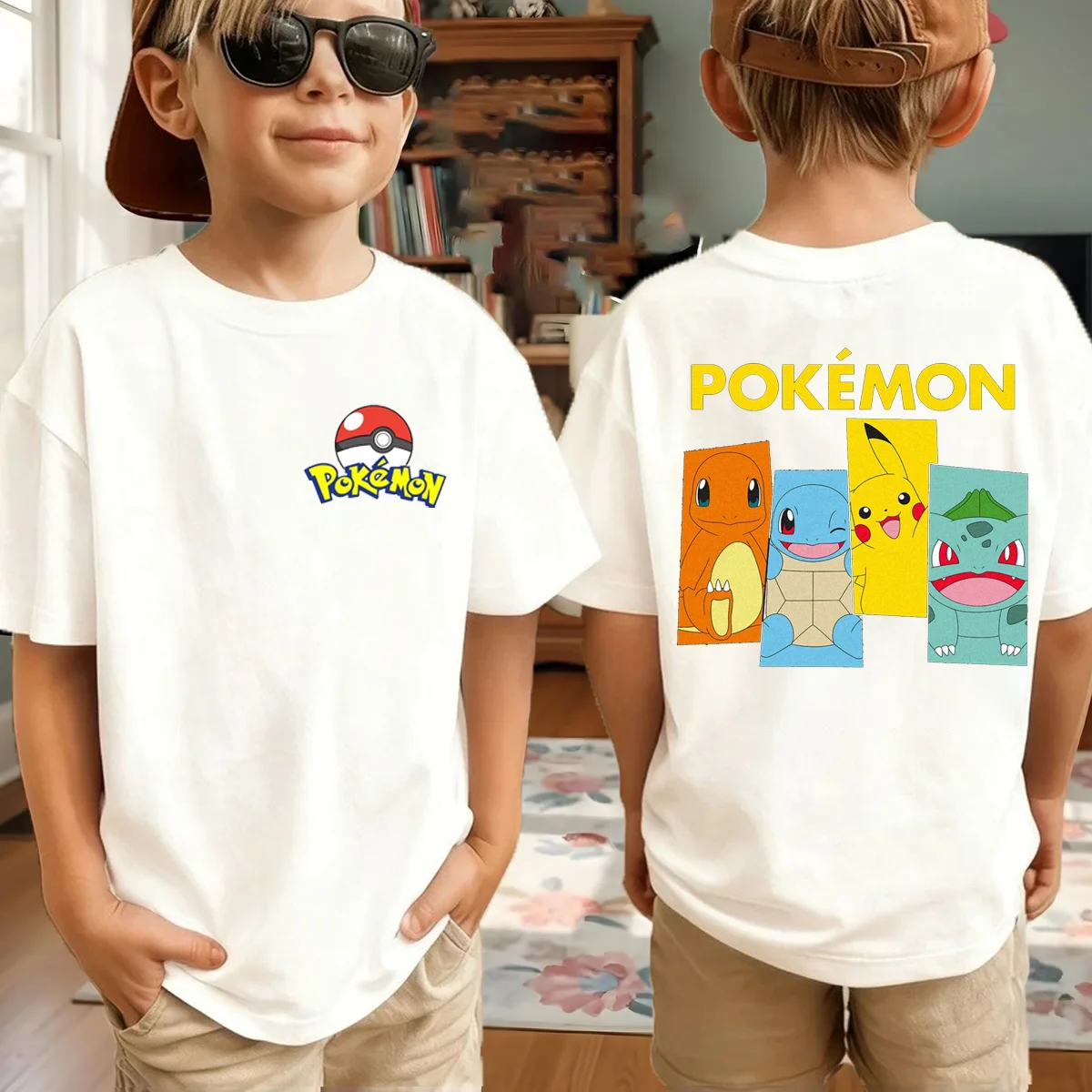Sommer-Pokémon-Anime-T-Shirts für Jungen, kurzärmeliges Oberteil aus reiner Baumwolle, lässig, geeignet für Jungen und Mädchen, Eltern-Kind-Outfits.
