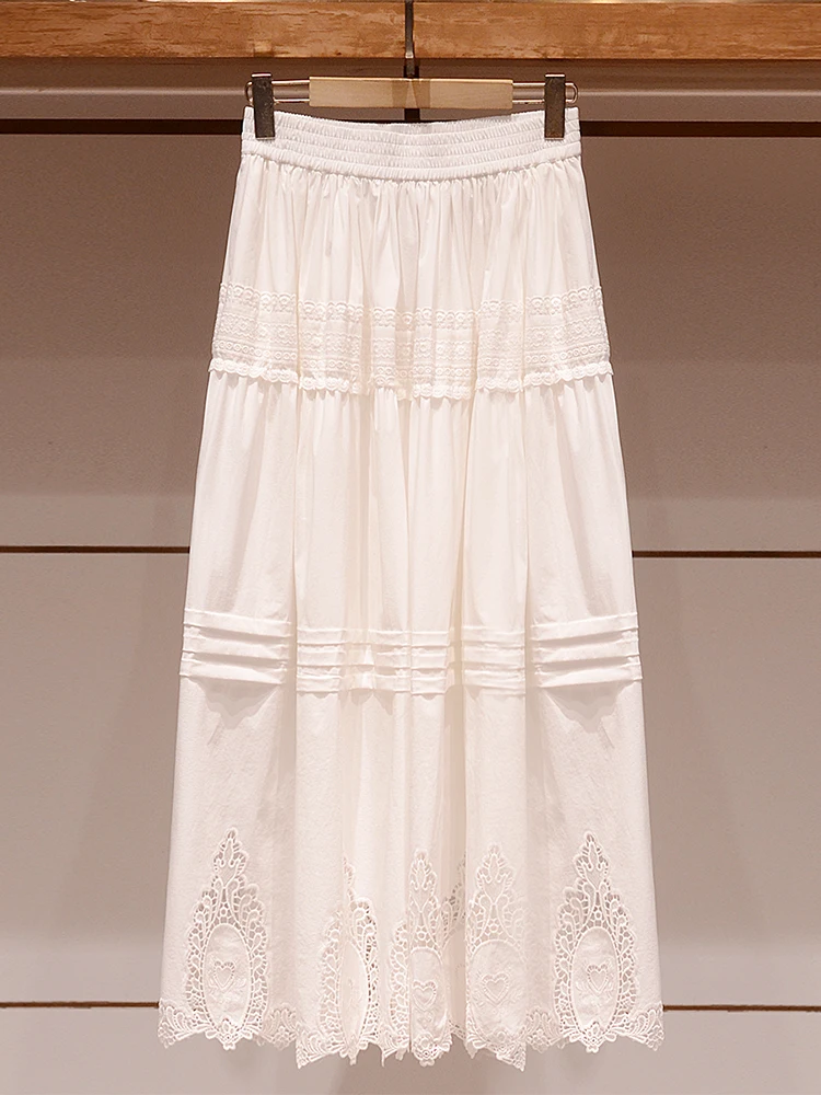

Ele Mid-Length Lace Embroidery White Elastic Waist Skirt Spring Summer New Sle JOOva Women's Faion Commute Skirt