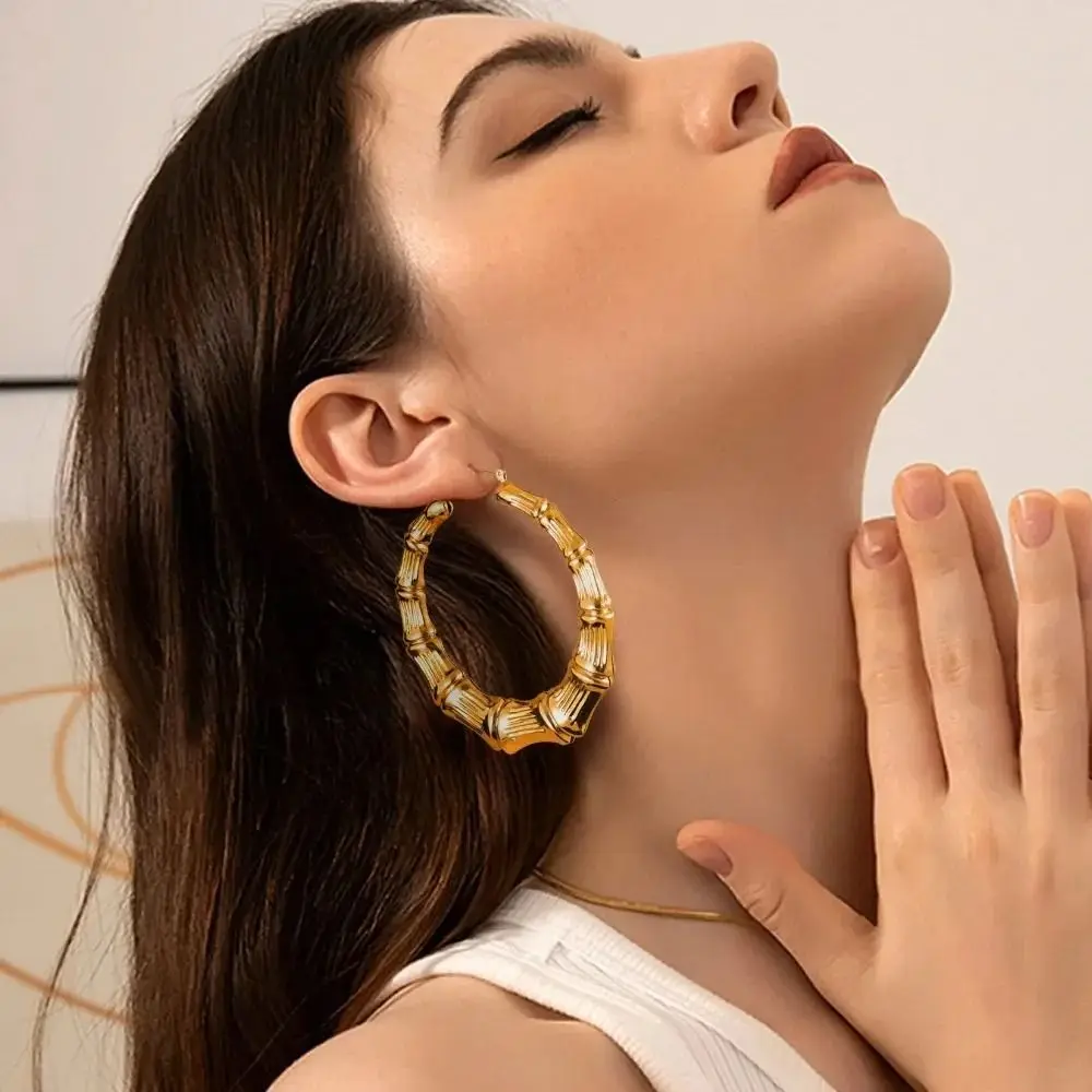 الأوروبية الأمريكية الخيزران المشتركة الأقراط الخيزران الملمس الرجعية تصميم كبير جولة الأطواق دائرة كبيرة أنيقة #4