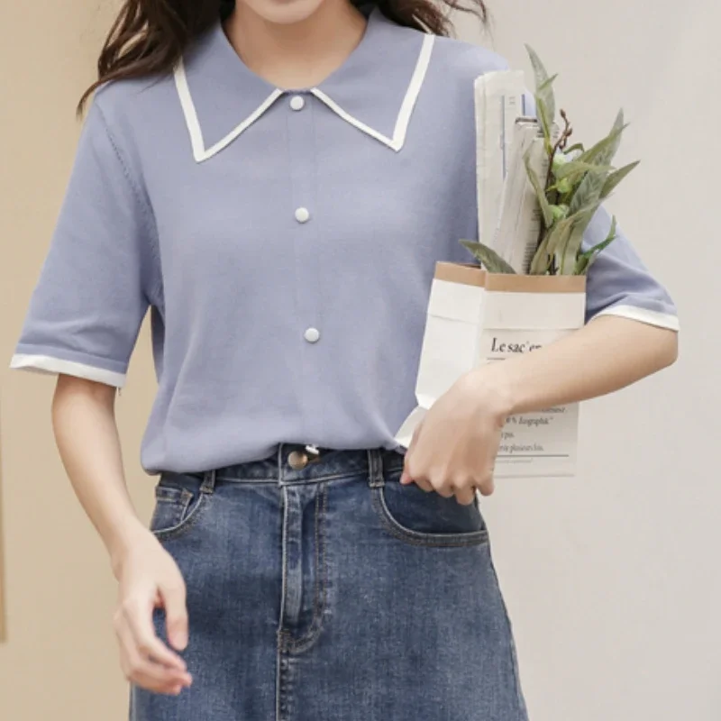 

Women Summer Small Fresh Slim Knitted T-shirts 2024 New Japan Style Cute Single-breasted Turn-down Collar Short Sleeve Tee Shirt