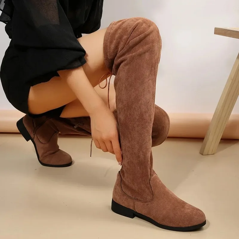 Faux Suede Female Thigh Gigh Boots Women New  Autumn Zipper Elastic Knee-high Boots Woman Tube Lace-up Botas Mujer Size 43