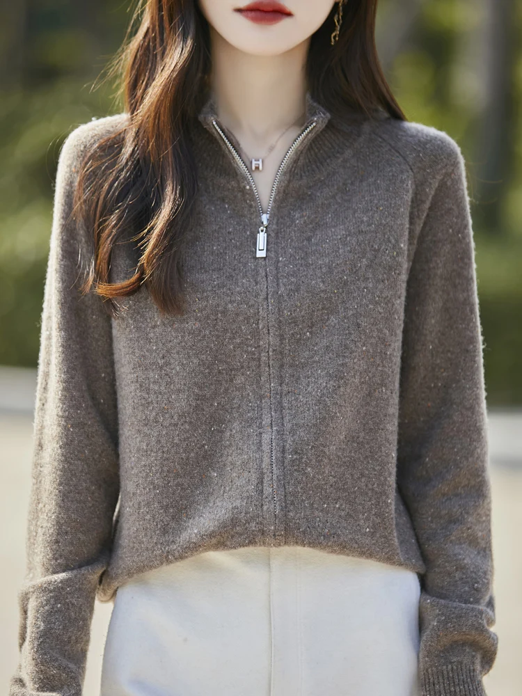 Women's Cardigan Mock‑Neck Autumn Winter Knitted Sweater Simple 100% Merino Wool Soft Warm Comfort Grace Clothing Tops