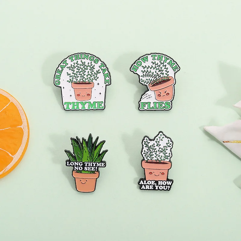 الألوة الزعتر بوعاء النبات المينا دبابيس مرحبا كيف أنت وقت طويل لا انظر كيف يطير الزعتر بروش طوق التلبيب شارات مجوهرات هدايا