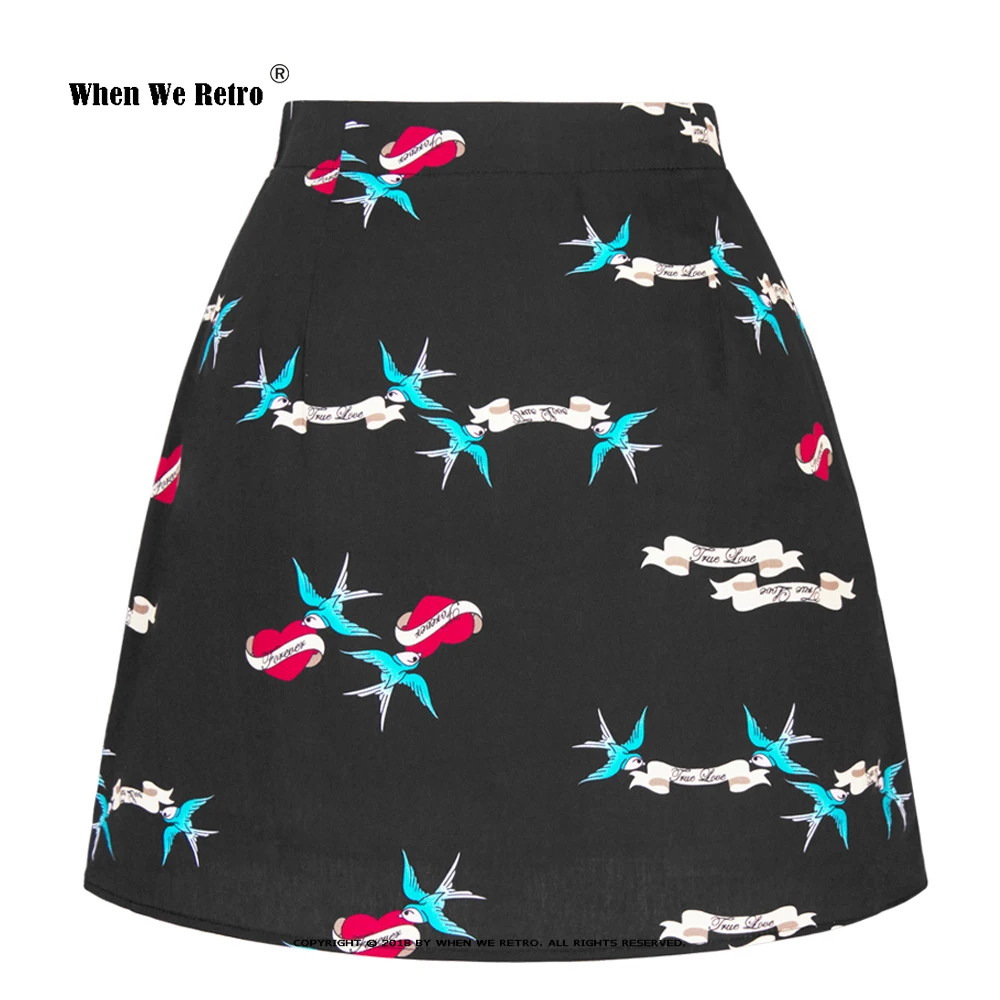 

Y2K Gothic Summer 50s 60s Birds and Hearts Printed Cotton Vintage Mini Sexy Skirt SS0008 High Waist Black Skirts for Women