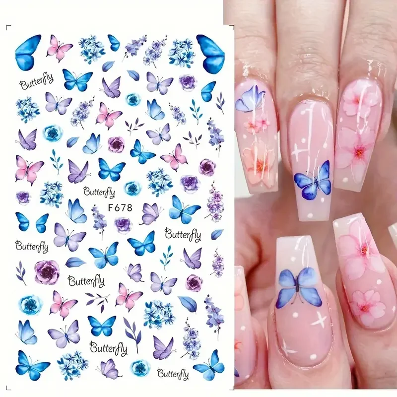 6pcs Spring Butterfly Design Nail Art Stickers, decalcomanie autoadesive per Nail Art con Design a fiori primaverili per la decorazione di Nail Art