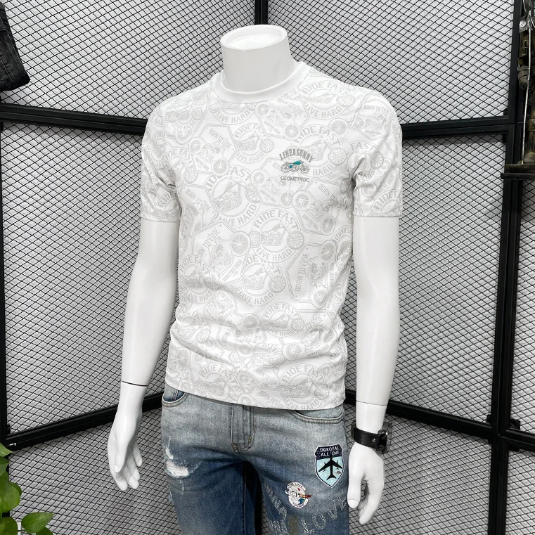 Short-sleeved T-shirt men's printed trendy brand slim-fitting embroidered summer versatile top