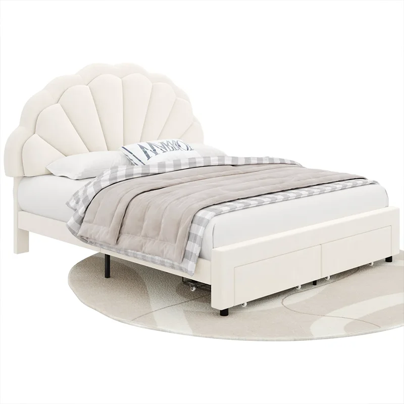 # Simple Flower Tufted Upholstered Headboard Floor Storage Bed with Drawers and Wooden Base