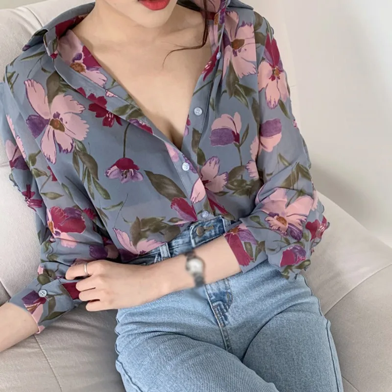 Summer Women\'s Chiffon Shirt Female Retro Fashion Flower Print V-Neck Top Floral Loose Elegant Long Sleeve Tops For Lady