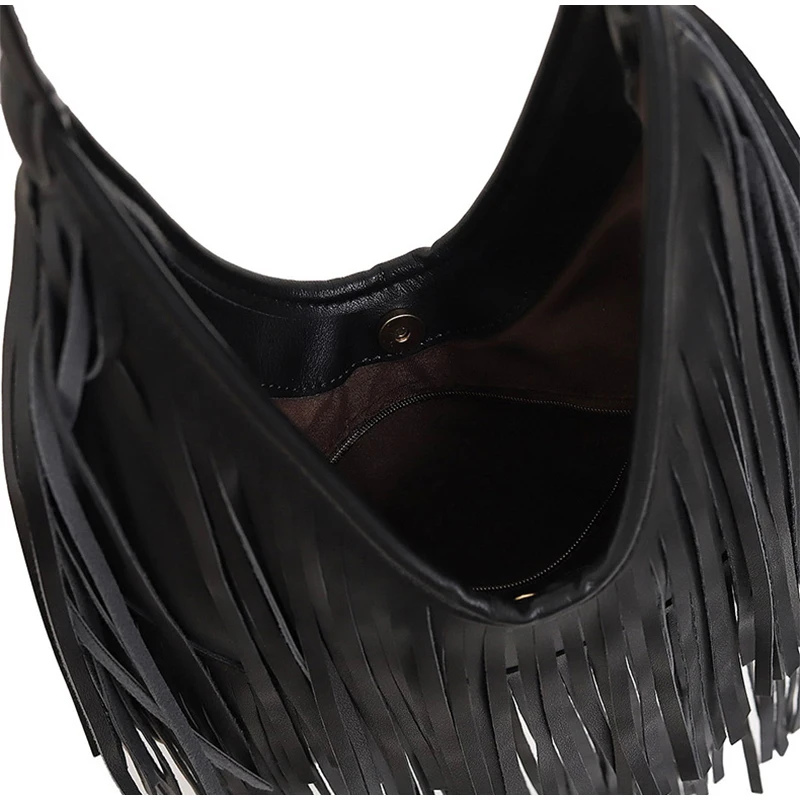 Quaste Große Kapazität Marke Tote Tasche Schwarz Leder Hohe Qualität Luxus Mode Frauen Schulter Tasche Weiche Casual Hobos Achselhöhle Tasche – Detail 10