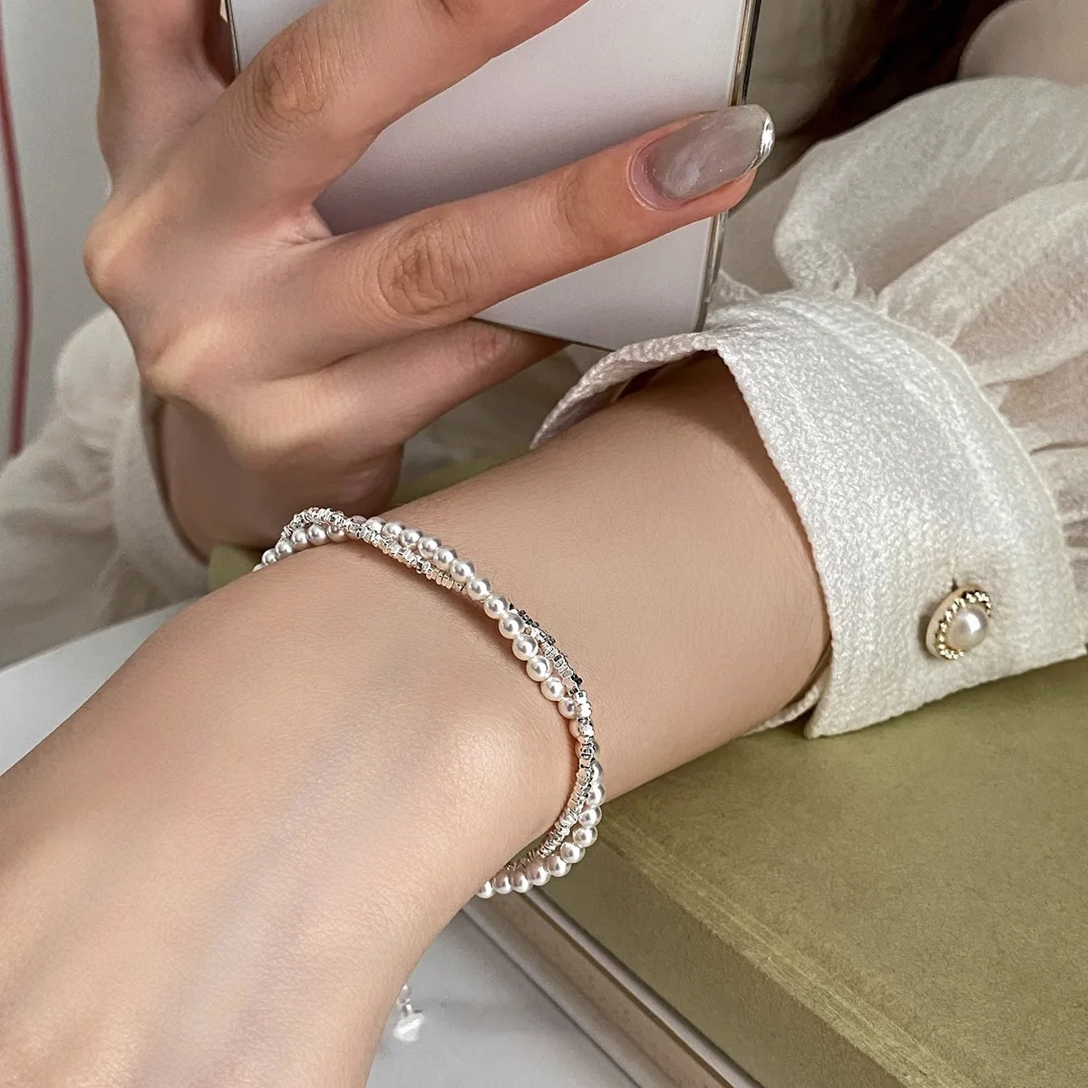 925 Sterling Silver Pearl Bracelets for Women Trend Korean Irregular Double Layer Partial Pearls Knots Bracelet Jewelry Gifts