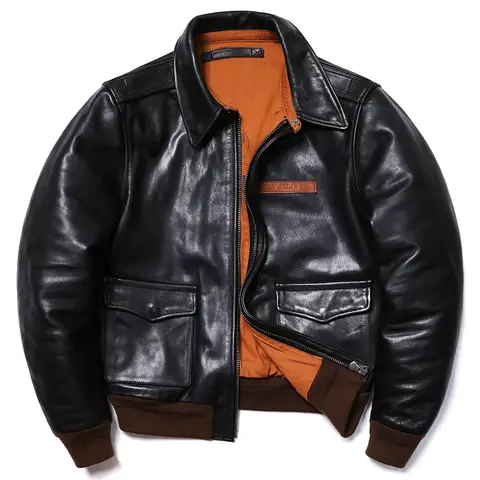 Giacca classica in pelle di cavallo bicolore di alta qualità tipo A2 Cappotto retrò da moto Colth vintage aeronautico da uomo in vera pelle