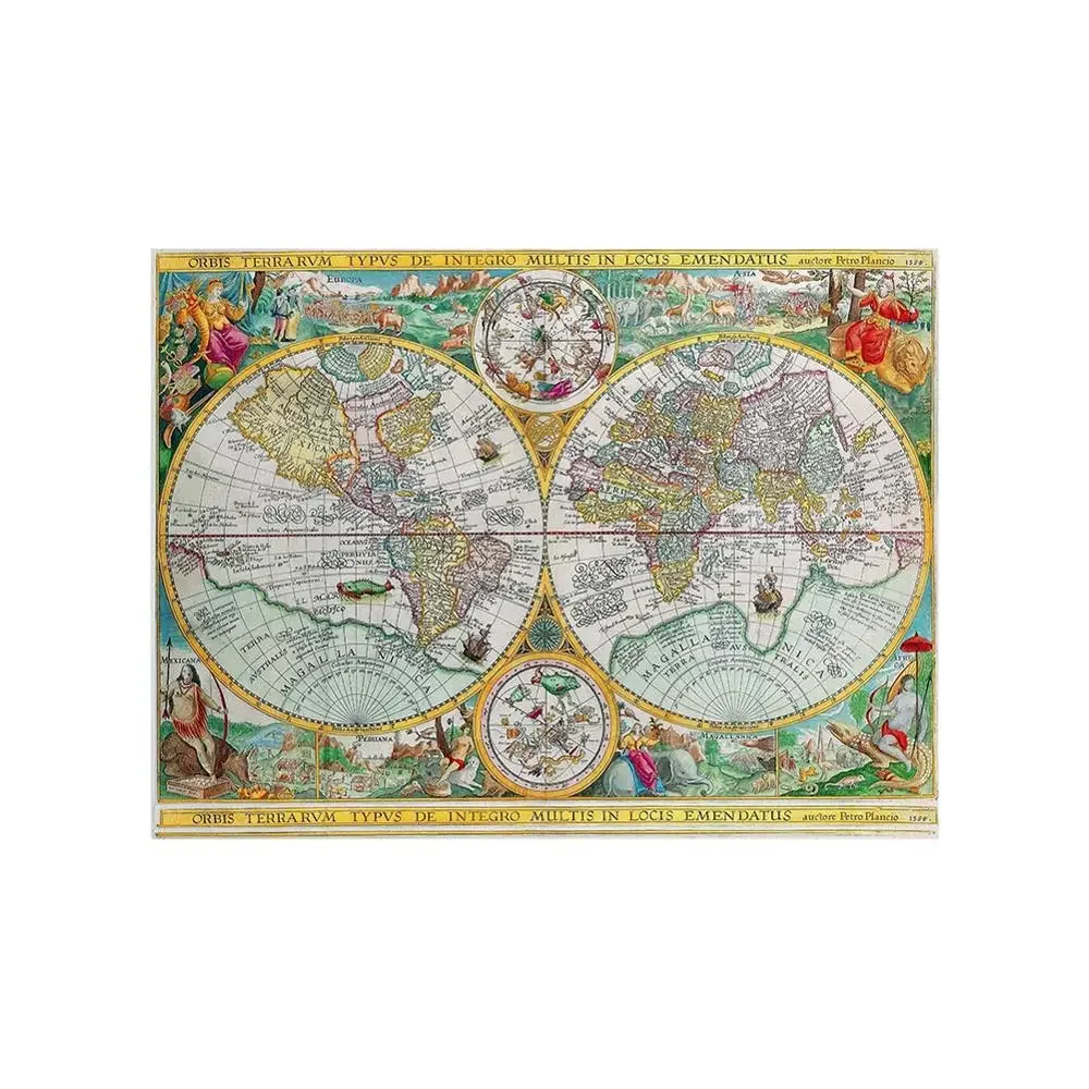 Mapa do mundo 1594 cartaz vintage latino mapa antigo 150x100cm não tecido detalhado impressões antigas decoração de parede de arte de quarto de casa