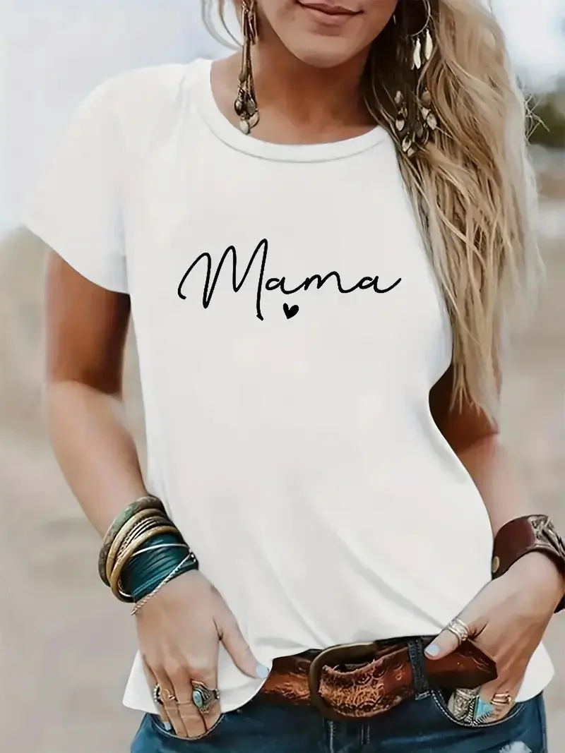 Mama Letter Print T-Shirt, Short Sleeve Crew Neck Casual Top For Summer & Spring, Women\'s Clothing