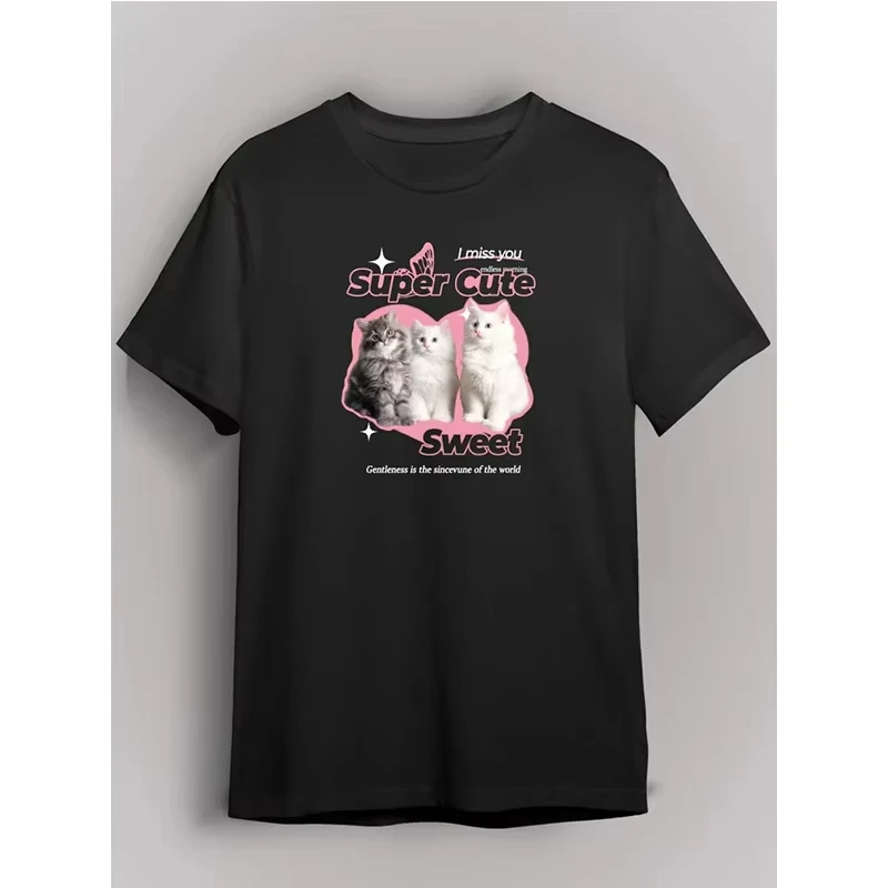 عادية كم قصير Y2k تي شيرت بلايز الربيع الصيف المرأة تي شيرت العشاء لطيف الحلو القط طباعة طاقم الرقبة تي شيرت ملابس الشارع الشهير #3