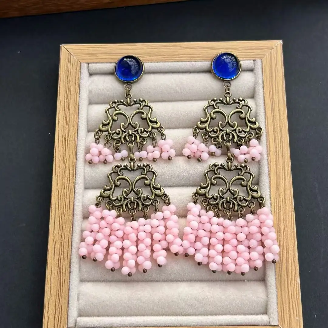 Medieval retro exaggerated pink Czech glazed peanut beads double-layer fringed earrings niche temperament shoulder-sweeping earr
