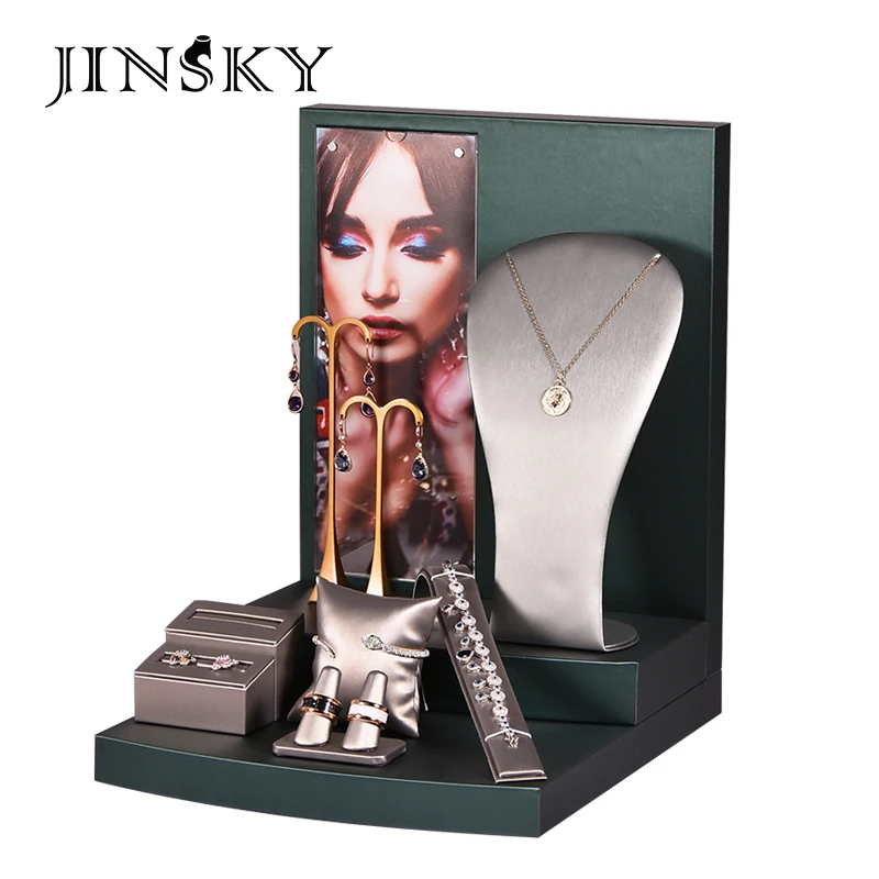 

Customized. jinsky PU leather jewellery window showcase bracelet earrings necklace jewelry holder display stand set