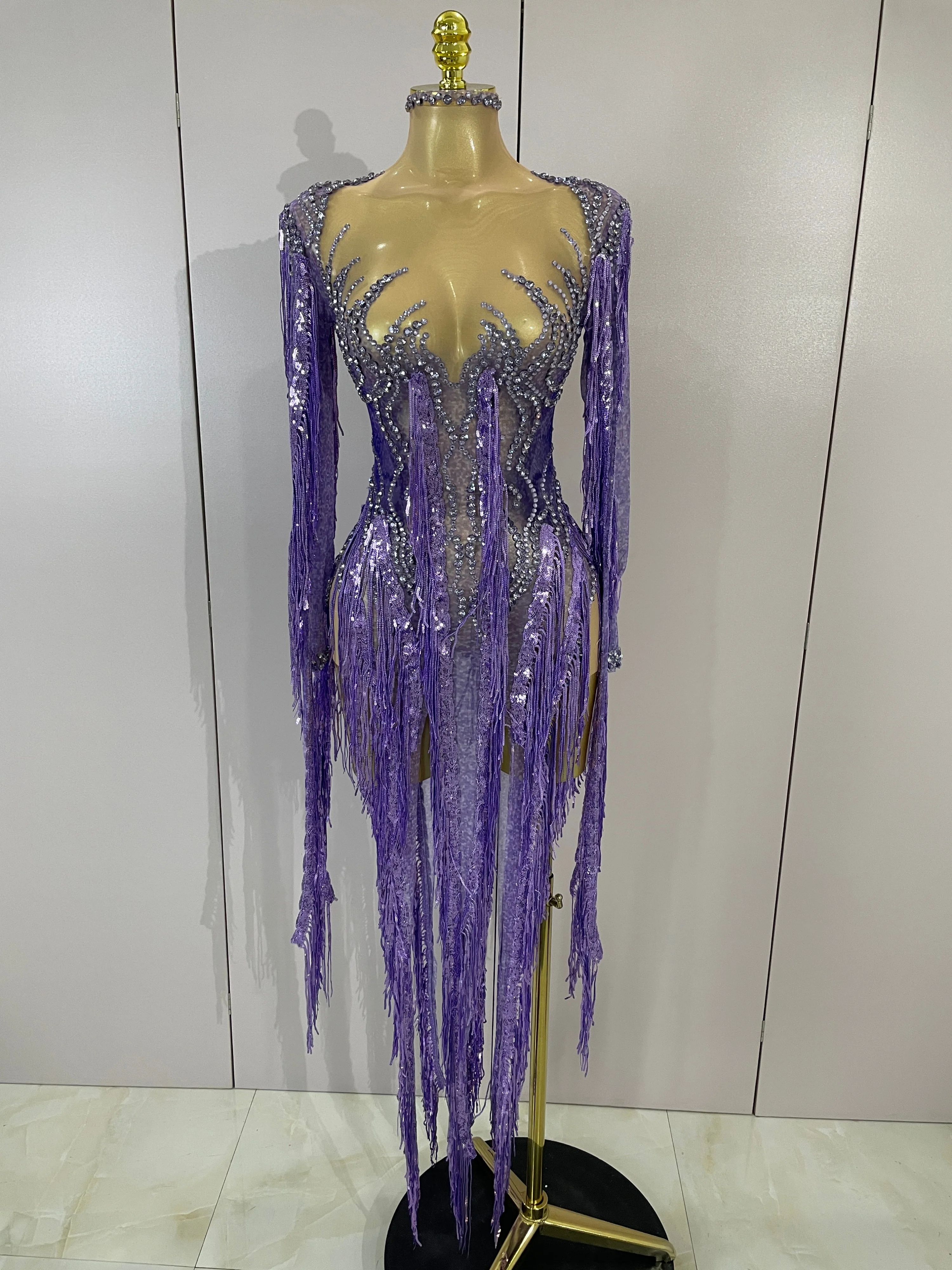 

Women Mesh See Through Long Sleeves Dress Sparkly Diamond Purple Tassel Latin Dance Outfits Bar Nightclub Party Club Stage Wear