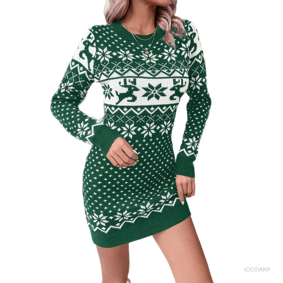 Weihnachten Casual Langarm Schneeflocke Elch Dünnes Kleid frauen Cosplay Weihnachten Neue Mode frauen Eng Gestrickte Hüfte rock