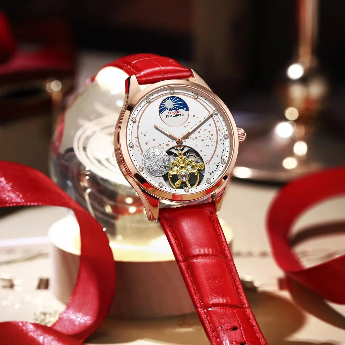 

Женские механические часы SOLLEN, светящиеся часы, элегантный красный подарок на День святого Валентина для подруги