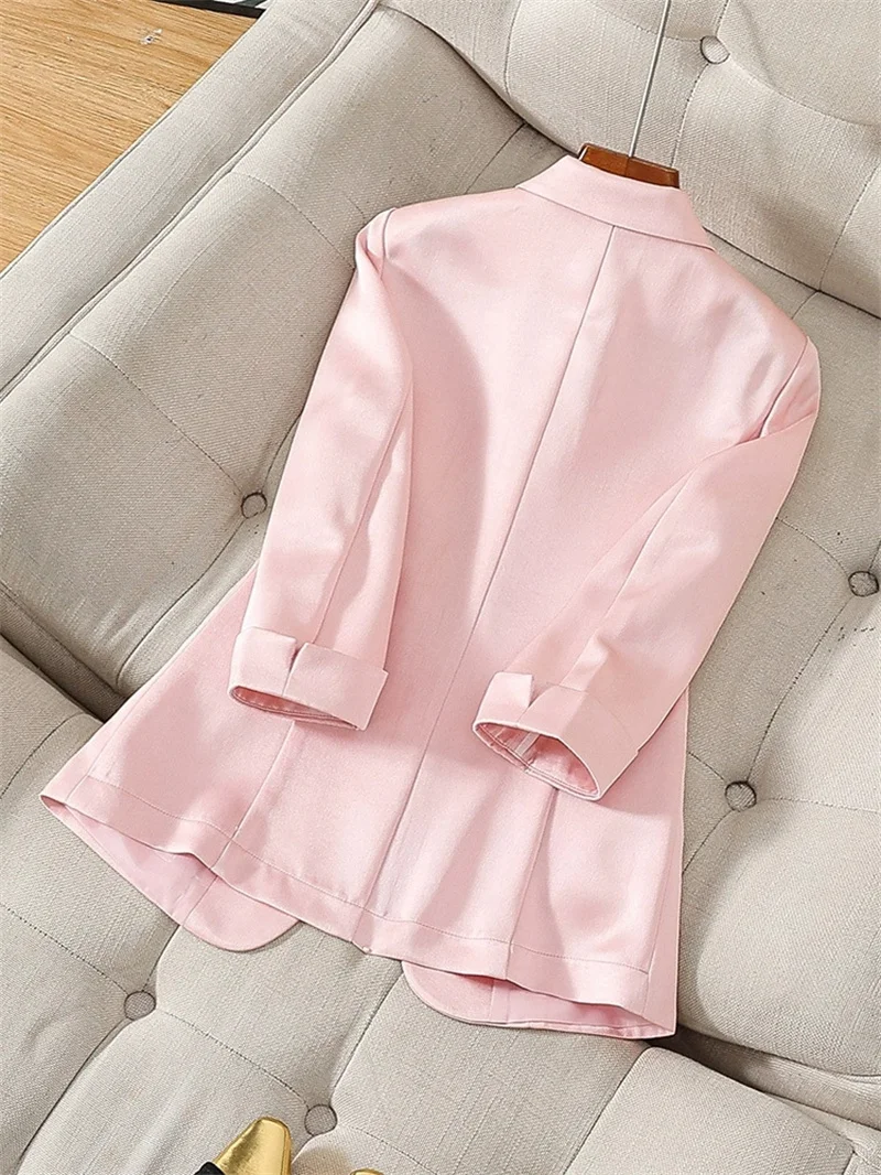 Lente Zomer Vrouwen Roze Jasje Nieuwe Zeven Kwart Mouw Dunne Blazers Vrouwelijke Casual Tops Dames Professionele Kantoor Jas
