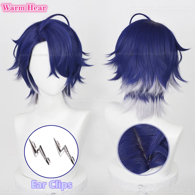 Sampo Koski Cosplay Wig Game Short Unisex 33cm Dark Blue Gradient Cosplay Anime Wig Ear Clip Heat Resistant Hair Wigs + Wig Cap