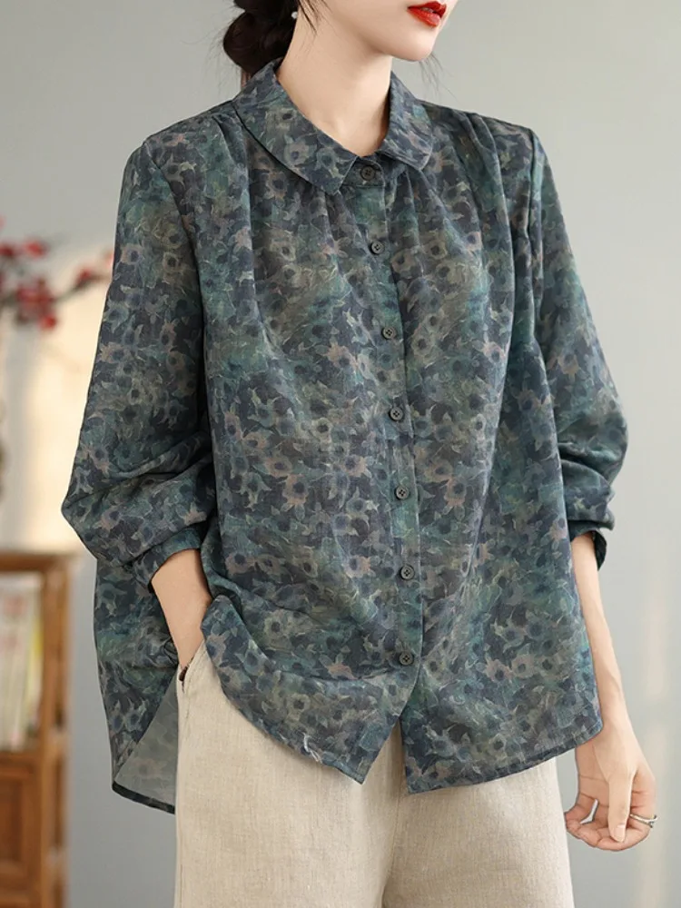 

Retro Floral Cotton Linen Long Sve Women's irt Loose Mom Sle Doll Collar Base Top Spring Autumn Slimming Effect